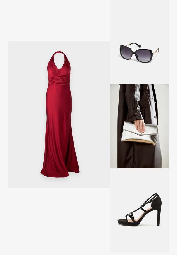Piros selyem estélyi ruha, húzónyakkal, ráncolt derékkal és oldalsó hasítékkal a nagyobb mozgás érdekében. Simaságot és testhez simuló sziluettet biztosít.; Fekete velúr magas sarkú szandál keresztezett pántokkal, díszes ezüstszínű akcentussal és emelt talprésszel a nagyobb magasságért.; Fekete, oversize napszemüveg fokozatos árnyalatú lencsékkel, vastag kerettel és arany színű lánc díszítéssel a szárakon.; Ezüst fém clutch, szögletes borítékszerű kialakítással, sima felülettel és kontrasztos belső színnel, amelyet egy fekete kabátot viselő kéz tart.