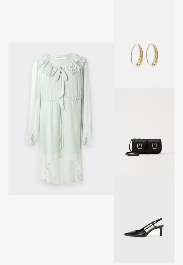 Mintgrønn kjole laget av lett stoff. Har en rynket halslinning, lange ermer med samlet mansjett og en høy-lav kantdesign.; Sorte patent slingback hæl med spids tå, featuring tekstureret slangeskind, justerbar rem og en kort, tekstureret blokhæl.; Svart skinn crossbody veske med to frontlommer, gyldne spenner, glidelåslukking og en slank stropp. Teksturert overflate og kompakt rektangulær form.; Gullfargede metalløredobber med en buet, forlenget form. Har en jevn, blank overflate og en avrundet tupp for ekstra detaljer.