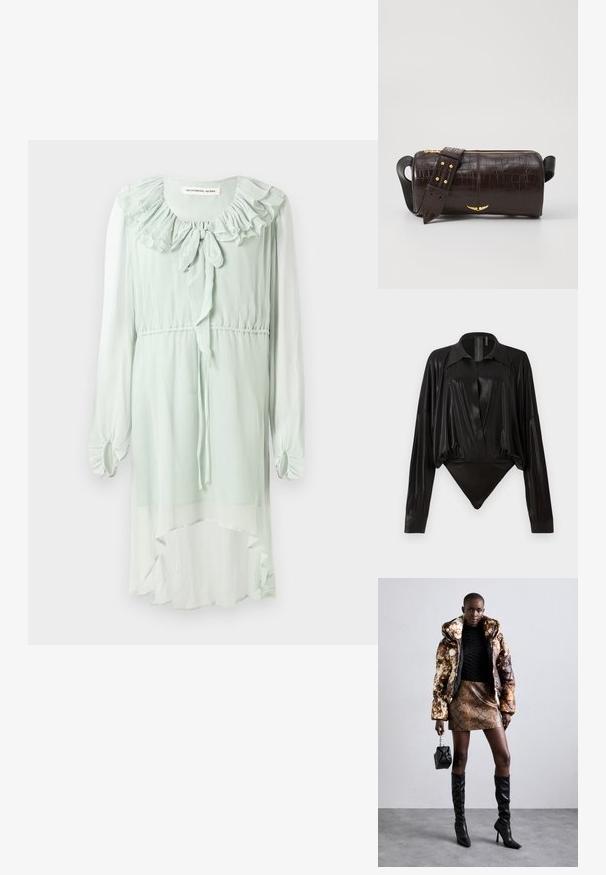 Mėtų žalios spalvos suknelė, pagaminta iš lengvos medžiagos. Yra raukiniai aplink iškirptę, ilgomis rankovėmis su surinktais manšetais ir asimetriniu sijonu.; Juodas bodžiukas su ilgomis rankovėmis, V formos iškirpte ir prigludusia siluetu. Pagamintas iš blizgaus, lygaus audinio su struktūrizuotu apykakle ir rankogaliais.; Pūkuotas džemperis su rudos ir juodos spalvų raštu, derinamas su rudą gyvatės rašto mini sijonu, juodais ilgaauliais batais iki kelių ir mažyte juoda rankine.; Ruda krokodilo odspaudo odinė rankinė cilindro formos, su auksinėmis detalėmis ir nuimamu dirželiu, papuoštu studelėmis.