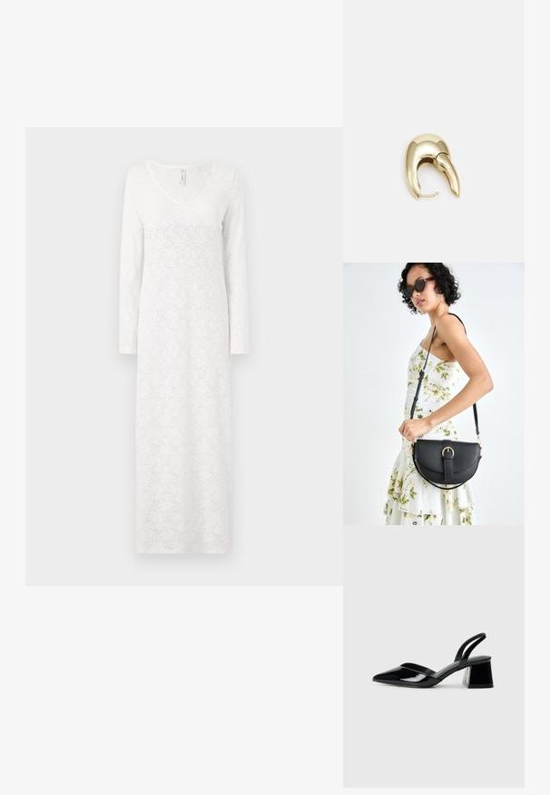Biele šaty s dlhým rukávom, čipkovaným vzorom, výstrihom do V, splývavým strihom a textúrovanou látkou, s dĺžkou po členky.; Čierne lakované kožené sandálové podpätky s špicatou špičkou a geometrickým blokovým podpätkom. Disponujú elegantným, minimalistickým dizajnom a hladkým povrchom.; Čierna kožená kabelka s zaobleným tvarom, odnímateľným popruhom a zlatými doplnkami. Kabelka má klopu s detailom s prackou.; Náušnice z kovu v zlatej farbe s elegantným, zakriveným dizajnom. Majú charakteristický špicatý tvar, leštený povrch a uzáver na pánt.