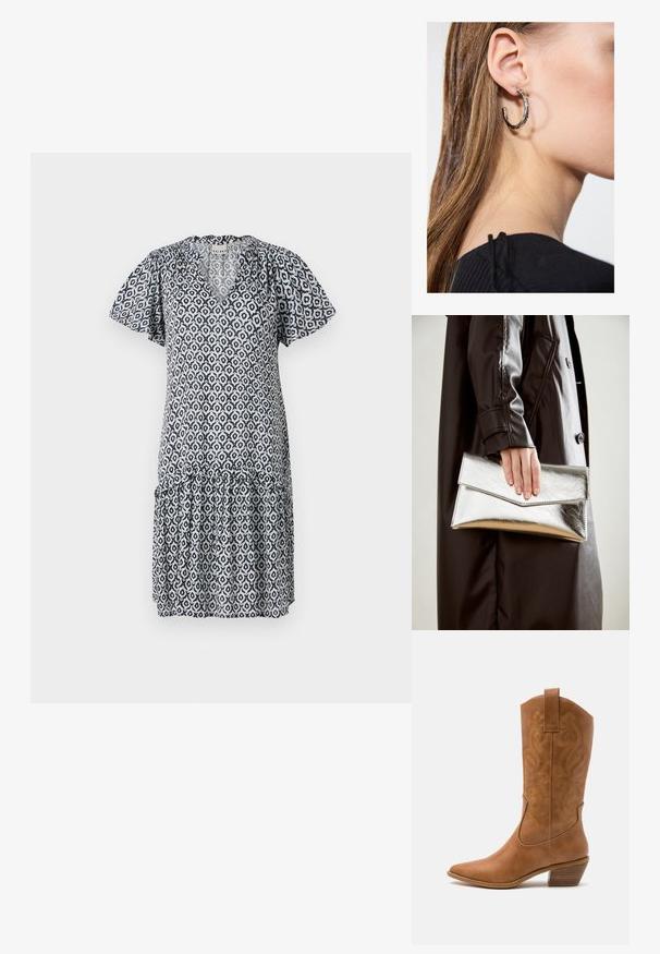 Short-sleeve blue and white patterned dress with a V-neck, ruffle hem, and geometric designs. Lightweight fabric, relaxed fit.; Tan leather cowboy boot with pointed toe, embroidered swirl patterns on shaft, and a stacked block heel. Features a pull tab for easy wear.; Silver metallic clutch with an angular envelope design, smooth texture, and contrasting interior color, held in a hand wearing a black coat.; Silver hoop earring with a polished finish, featuring small gold accent details and a round shape, worn on the lobe.