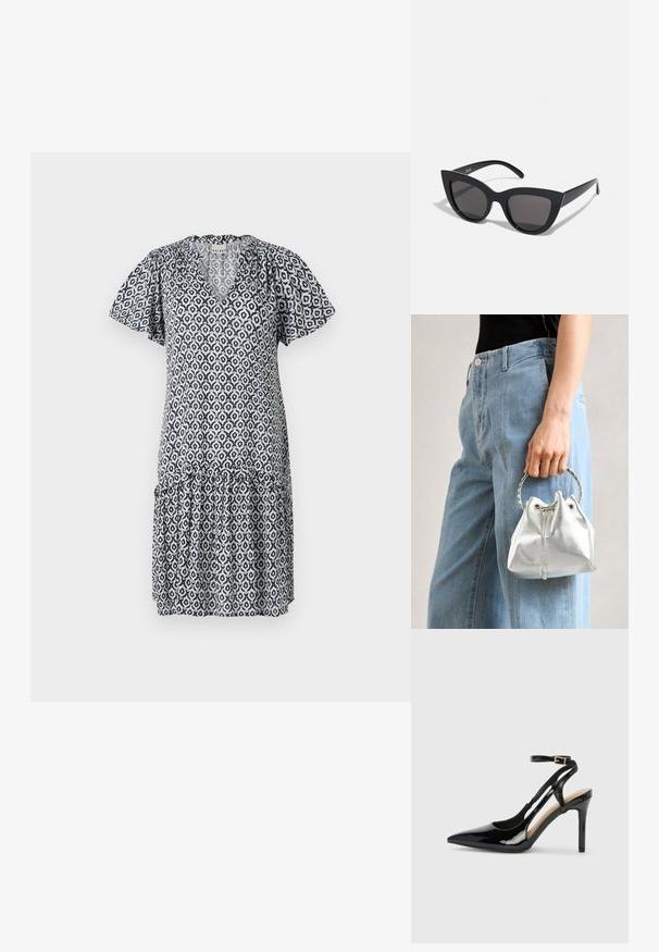 Rochie cu mânecă scurtă, albă și albastră, cu un model geometric. Decolteu în V, tiv cu volane și material ușor, cu o croială relaxată.; Pantofii slingback din piele lăcuită neagră cu toc înalt, vârf ascuțit, brățară reglabilă la gleznă și părți laterale deschise. Textură netedă.; Ochelari de soare negri, forma cat-eye, cu un finisaj mat, având lentile gri și unghiuri ascuțite, precum și brațe laterale elegante. Numele brandului este vizibil pe brațul interior.; Geantă tip bucket metalică argintie, cu un finisaj texturat, decorată cu o mânere rotundă argintie și închidere cu șnur, ținută lângă blugi albaștri deschiși.