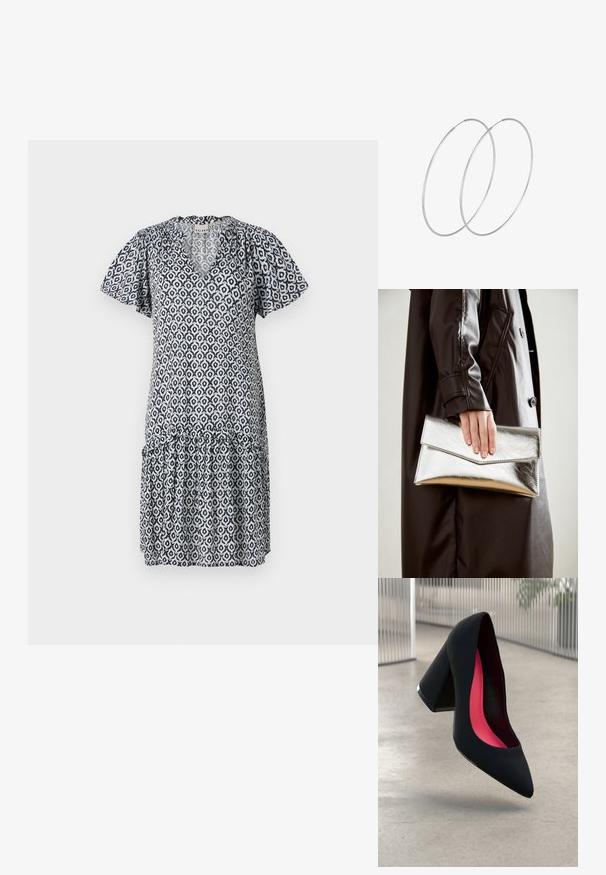 Vestido de manga corta azul y blanco con estampado, escote en V, dobladillo con volantes y diseños geométricos. Tejido ligero y corte relajado.; Zapato de tacón alto negro con puntera afilada, superficie texturizada y un interior de un rosa vibrante. Presenta un tacón grueso con un acento plateado.; Clutch metálico plateado con un diseño de sobre angular, textura suave y color interior en contraste, sostenido en una mano que lleva un abrigo negro.; Pendientes de aro plateados con un diseño minimalista. Forma circular, textura suave y perfil delgado. Livianos con un acabado pulido.