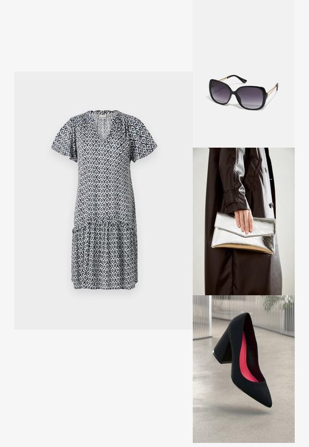 Kurzärmliges blau-weiß gemustertes Kleid mit V-Ausschnitt, Rüschensaum und geometrischen Designs. Leichtes Material, lockere Passform.; Schwarzer High Heel Schuh mit spitzer Zehe, strukturiertem Obermaterial und lebhaftem pinken Innenraum. Verfügt über einen dicken Absatz mit silberner Akzentuierung.; Schwarze übergroße Sonnenbrille mit getönten Gläsern, dicken Rahmen und goldfarbener Kettendetaillierung an den Bügeln.; Silberner metallischer Clutch mit einem eckigen Umschlagdesign, glatter Textur und kontrastierender Innenfarbe, gehalten in einer Hand, die einen schwarzen Mantel trägt.