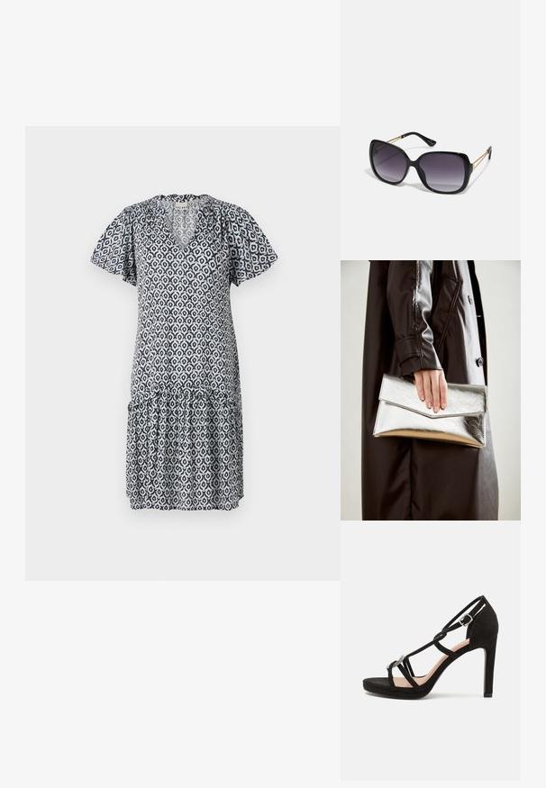 Robe à manches courtes bleue et blanche à motifs avec un col en V, un ourlet à volants et des designs géométriques. Tissu léger, coupe décontractée.; Sandale à talons hauts en suede noir avec des brides croisées, un accent décoratif en métal argenté et une semelle à plateforme pour plus de hauteur.; Lunettes de soleil noires surdimensionnées avec des verres dégradés, monture épaisse et détails en chaîne dorée sur les branches.; Pochette métallique argentée avec un design d'enveloppe angulaire, texture lisse et couleur intérieure contrastante, tenue dans une main portant un manteau noir.