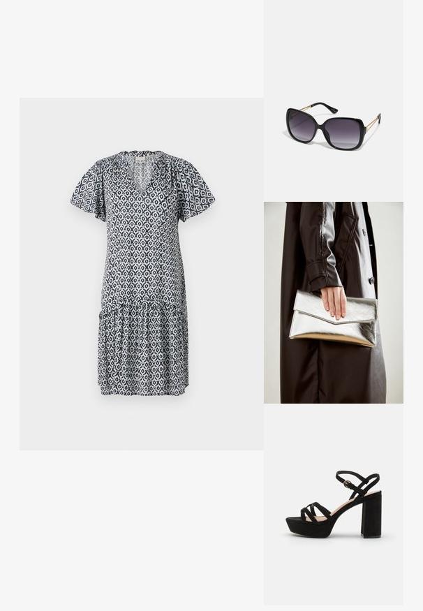 Šaty s krátkým rukávem, modro-bílé s vzorem, s výstřihem do V, volánkovým lemem a geometrickými designy. Lehká látka, pohodlný střih.; Černé semišové platformové sandály s blokovým podpatkem, vybavené překříženými popruhy a přezkou kolem kotníku pro bezpečné upevnění.; Černé oversized sluneční brýle se gradientními skly, silnými rámy a zlatými řetízkovými detaily na nožičkách.; Stříbrná metalická kabelka ve tvaru klínového obálkového designu, hladké textury a s kontrastní barvou uvnitř, držena v ruce s černým kabátem.