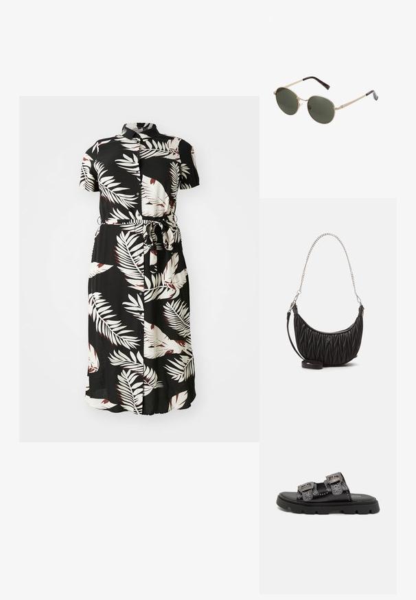 Črna obleka s kratkimi rokavi, ki se zapenja na gumbe, z belim in burgundskim tropskim listnatim vzorcem, s pasom za zavezovanje na višini pasu in ohlapno silhueto.; Črne sandale z dvema širokima naramnicama, okrašenima s tremi studnami in podrobnimi zaponkami, postavljene na trden teksturiran gumijast podplat.; Okrogle sončne očala z metalnimi zlato obroči in temno zelenimi lečami. Ročaji imajo obliko želvovine za dodatne podrobnosti.; Črna torbica iz umetnega usnja z prešito teksturo, ukrivljeno obliko, srebrno verižico in malim logotipom spredaj.