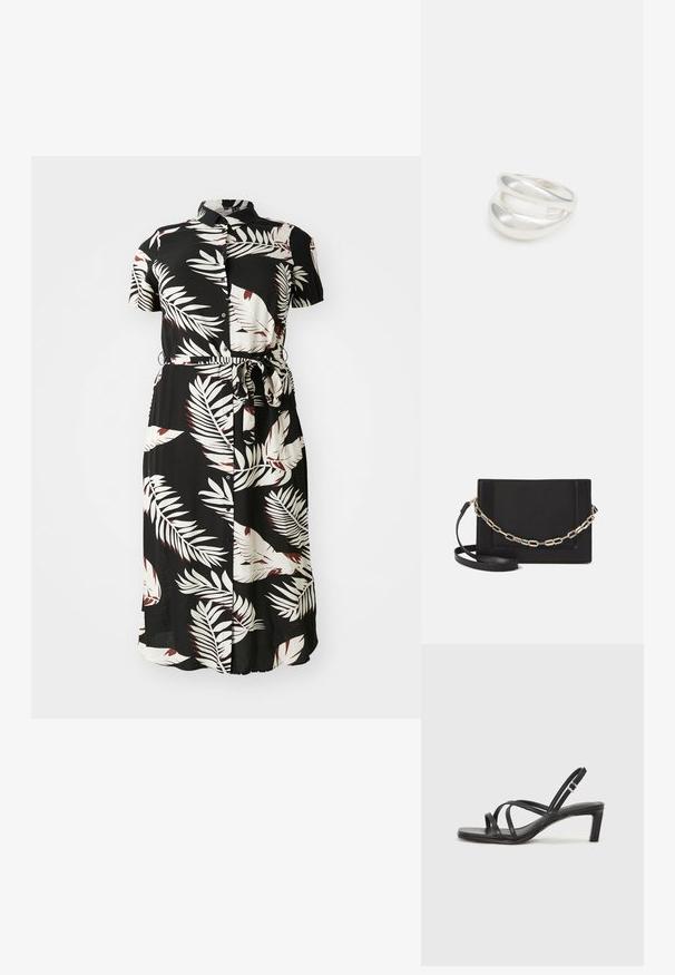 Must mustaga kleit mustas toonis, millel on valge ja burgundi värvi troopiline lehe muster, lühikesed varrukad, vöö täis ja voolav siluett.; Mustast rihmajalatsid ruudukujulise varba ja madala ploki kontsaga. Omab mitmeid õhukesi rihmasid ja reguleeritavat pahkluu rihma. Valmistatud siledast nahast.; Mustast nahast õlakott, mis omab siledat tekstuuri, ristküliku kuju ning esiküljel metallketi detaili. Reguleeritav rihm on kaasas.; Hõbedane kahekordne rõngas sujuva, poleeritud pinnaga. Omab voolavat, kõverat disaini, millel on kattuvad sektsioonid, et saavutada kaasaegne ilme.