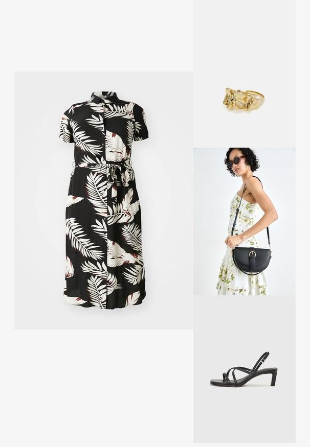 Must mustaga kleit mustas toonis, millel on valge ja burgundi värvi troopiline lehe muster, lühikesed varrukad, vöö täis ja voolav siluett.; Mustast rihmajalatsid ruudukujulise varba ja madala ploki kontsaga. Omab mitmeid õhukesi rihmasid ja reguleeritavat pahkluu rihma. Valmistatud siledast nahast.; Mustmust mustraha kõverate joontega, eemaldatava rihmaga ja kuldsete detailidega. Kotil on klapp, millel on pandladetail.; Kuldne sõrmus tekstureeritud, lainelise disainiga, millel on kolm silmapaistvat tippu. Sile, läikiv pind ja avatud riba, mis võimaldab reguleeritavat sobivust.