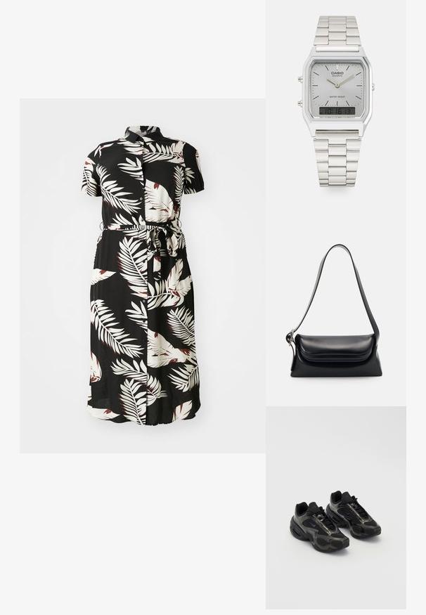 Abito nero con bottoni, caratterizzato da un motivo tropicale di foglie bianche e bordeaux, maniche corte, una cintura annodata in vita e una silhouette fluida.; Scarpe sportive nere in materiale sintetico, con dettagli in mesh e suole arrotondate. Presentano un sistema di allacciatura e un logo Nike ben visibile sulla linguetta.; Borsa a tracolla nera in pelle con una forma strutturata, una texture liscia e una singola tracolla. Presenta un design a patta arrotondata e discreta.; Orologio Casio al quarzo argento con quadrante rettangolare, display analogico e digitale, bracciale in acciaio inossidabile e caratteristiche di resistenza all'acqua.
