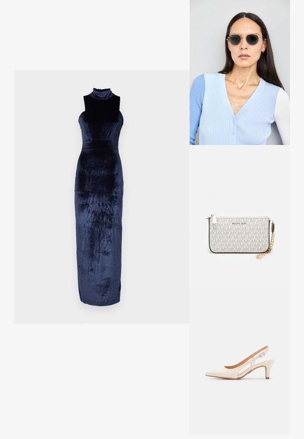 Pika tumesinine sametkleit kõrge kaelusega, ilma varrukateta ja keha lähedalt järgnev siluett, mis voolab põrandani. Sile tekstuur.; Valge slingback konts, terava ninaga, siledast ülemisest materjalist, madala ploki kontsaga ja külgse nähtavusega ning reguleeritava pandla rihmaga.; Ringikujulised prillid tumedate läätsede ja kullast raamiga. Mudel on selga pannud helesinise soonikuga kardigani, millel on nupud ja kontrastsed valged varrukad.; Michael Korsi randmevõru beige kaetud kangast, millel on korduv MK logo muster, kuldne riistvara ja eemaldatav ahelistrap.