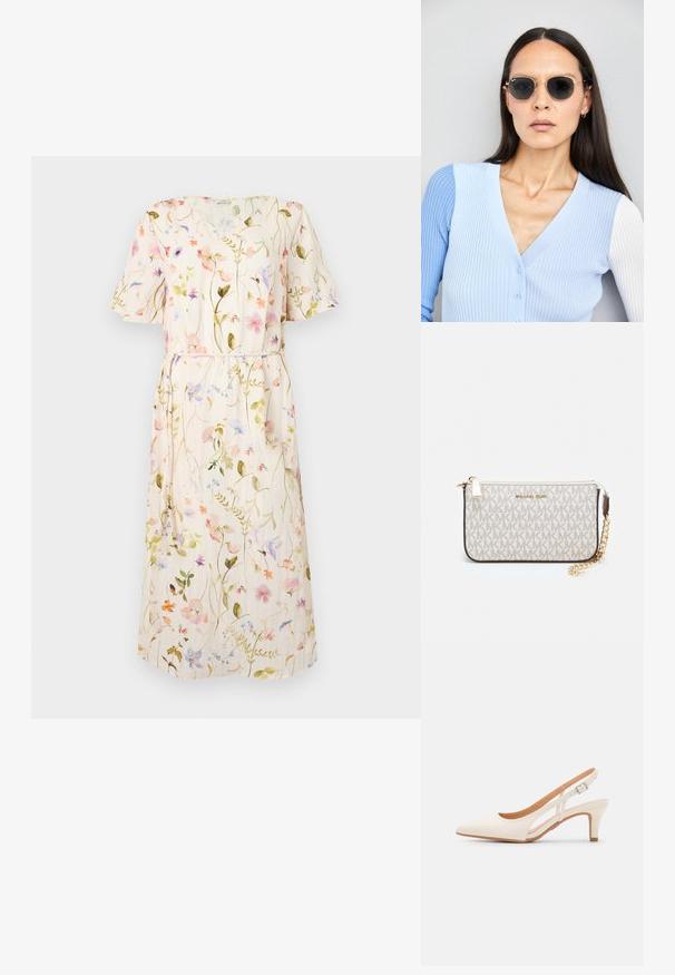Kukkamekko lyhyillä hihoilla, vaaleasta beigestä kankaasta, jossa on monivärisiä kukkakuosisia, vyötärösolki, polvipituinen muotoilu.; Valkoinen slingback-korkokenkä, jossa on terävä kärki, sileä päällismateriaali, matala lohkokorko ja sivuaukko-design säädettävällä soljella.; Pyöreät aurinkolasit, joissa on tummat linssit ja kultaiset kehykset. Mallilla on päällään vaaleansininen, ribatusta materiaalista valmistettu neuletakki, jossa on napit ja kontrastiväriset valkoiset hihat.; Michael Kors kääröbeige pinnoitettua kangasta, jossa on toistuva MK-logo -kuvio, kultaiset yksityiskohdat ja irrotettava ketjuhihna.