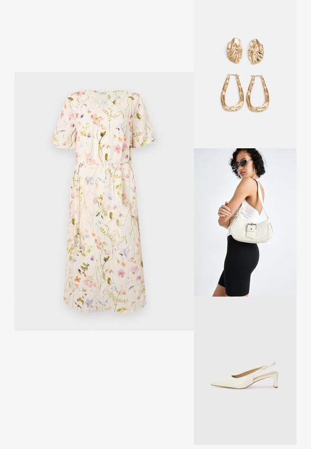 Rochie florală cu mâneci scurte, dintr-un material bej deschis, cu modele de flori multicolore, curea în talie, design până la genunchi.; Pantofii slingback din piele lăcuită albă, cu vârful ascuțit și toc mic pe bloc. Dispun de o curea subtilă cu un detaliu în nuanță de aur.; Geantă de piele albă cu o formă curbată, curea reglabilă și un detaliu mic cu cataramă. Modelul poartă o ținută neagră ajustată.; Cercei aurii cu forme texturate și ondulate. Include studs sculpturale cu clip și un design de cerc deschis cu un finisaj cioplit.
