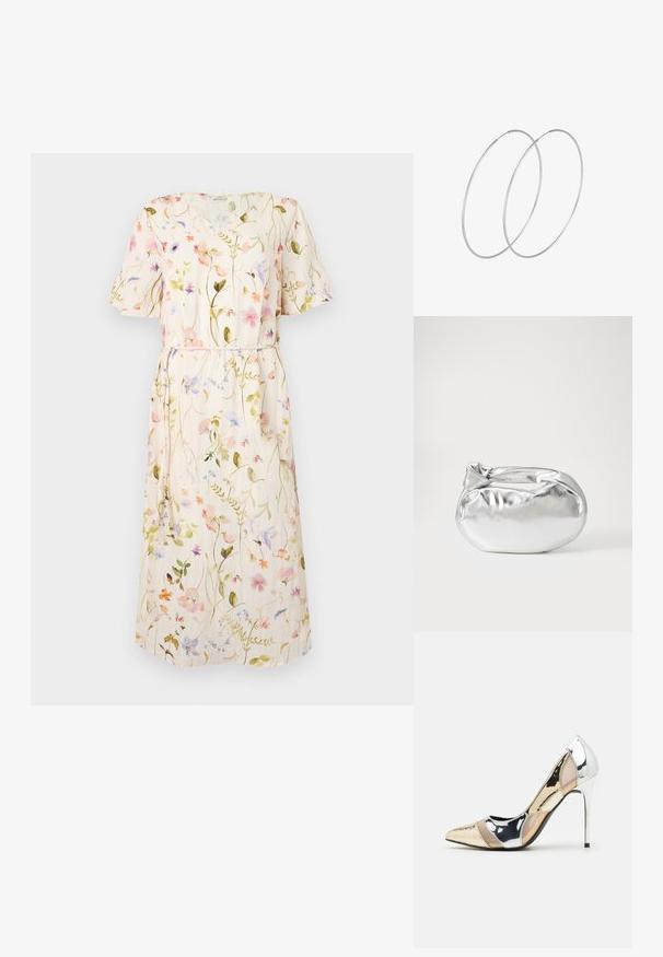 Cvetna obleka s kratkimi rokavi, svetlobežna tkanina z večbarvnimi cvetličnimi motivi, pas za zavezovanje, dolžina do kolen.; Čevlji z visoko peto in konico, v barvni kombinaciji srebrne, zlate in nude. Sijajna obdelava z izrezljanim dizajnom, z igličasto peto.; Srebrna kovinska torbica z mehko, zaobljeno obliko in zavezano zgornjo zaporo. Narejena iz gladkega umetnega usnja.; Srebrne uhane v obliki obroča z minimalističnim dizajnom. Krožna oblika, gladka tekstura in tanek profil. Lahki s poliranim zaključkom.
