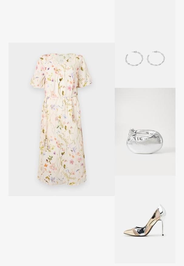 Blomsterkjole med korte ermer, lett beige stoff med flerfarget blomsterdesign, midjebånd, knelengde.; Spiss-tå høyhælte sko med en fargekomposisjon av sølv, gull og nude. Glanset overflate med utskjæringsdesign, med en stiletto hæl.; Sølvfarget metallisk poseveske med en myk, avrundet form og en knyttet topplukking. Laget av glatt imitert skinn.; Sølv hoops øredobber med en tvistet design, som har en polert finish og bakstøtte. Mål omtrent 3 cm i diameter.