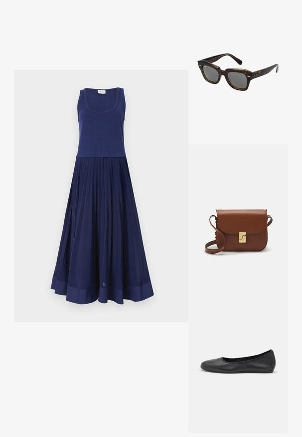 Tumedat sinise värviga kleit, millel on ümber kangast tank-top ja volditud seelik. Valmistatud pehmest kangast, millel on sile tekstuur. Hemline'il on ühtlane tumeda sinise riba.; Musthave mustika tantsutossud mustast nahast, ümmarguse varbaga, siledast tekstuurist, minimaalse õmblusdetailiga ja paindliku tallakujundusega.; Ristkülikukujulised päikeseprillid, millel on kilpkonnamustriga plastraam, tumedad objektiivid ja hõbedased detailid külgedel. Valmistatud Itaalias.; Pruunist nahast käekott, millel on klapiga sulgur, kuldne riistvara, õlarihm ja sile tekstuur. Kompaktne ristkülikukujuline vorm.