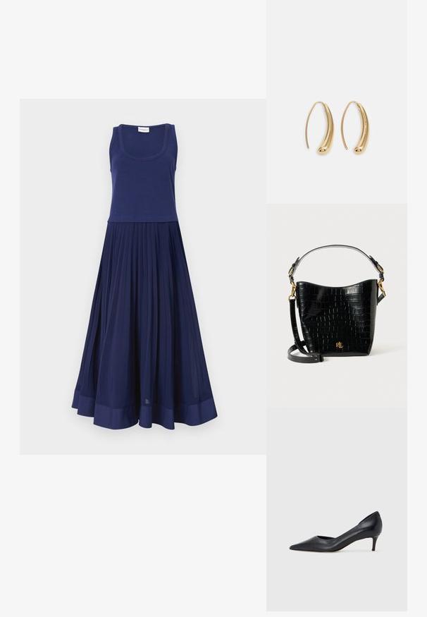 Navy blauwe jurk met een aansluitend hemdtop en plissérok. Gemaakt van zachte stof met een gladde textuur. De zoom is voorzien van een effen marineblauw band.; Zwarte leren pump met een puntige neus en lage hak. Heeft een gladde textuur en een subtiele glans. Open uitsparing aan de voorkant voor extra detail.; Zwarte croco-embossed leren tas met een gebogen ontwerp, gouden hardware-accenten, een verstelbare schouderriem en een logo-detail aan de voorkant.; Gouden metalen oorbellen in de vorm van een gebogen, verlengde hoop. Kenmerkend zijn het gladde, glanzende oppervlak en de afgeronde punt voor extra detail.