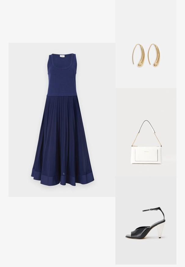 Marineblaues Kleid mit einem figurbetonten Trägershirt und einem plissierten Rock. Hergestellt aus weichem Stoff mit glatter Textur. Der Saum ist mit einem durchgehenden marineblauen Band versehen.; Schwarze Leder-Hochzehen-Sandale mit offener Zehe, asymmetrischem Design, Knöchelriemen und metallic kegelförmigem Absatz. Glatte Textur über das gesamte Produkt.; Weißes Lederhandtasche mit strukturierter Oberfläche, ausgestattet mit einem goldenen Kettenriemen und schwarzen Akzenten. Enthält eine Fronttasche und einen Reißverschluss.; Goldfarbene Metall-Hoops mit einer geschwungenen, länglichen Form. Sie verfügen über eine glatte, glänzende Oberfläche und eine abgerundete Spitze für zusätzliche Details.