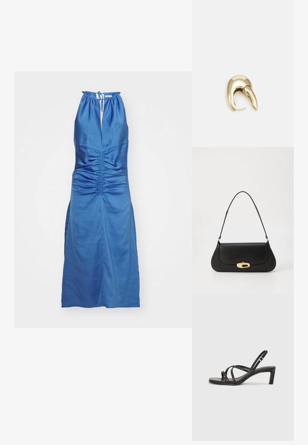 Modrá saténová šaty s halter výstrihom, s riasením na prednej strane a rozparkom na boku. Dizajn obsahuje nastaviteľné viazanie.; Čierne sandále na vysokom podpätku so štvorcovou špičkou a nízkym blokovým podpätkom. Obsahujú viacero tenkých popruhov a nastaviteľný členkový popruh. Vyrobené z hladkej kože.; Čierna kožená kabelka s prehnutým dizajnom, zlatými kovovými detailmi a horným uchom. Má elegantné zatvorenie a hladký povrch.; Náušnice z kovu v zlatej farbe s elegantným, zakriveným dizajnom. Majú charakteristický špicatý tvar, leštený povrch a uzáver na pánt.
