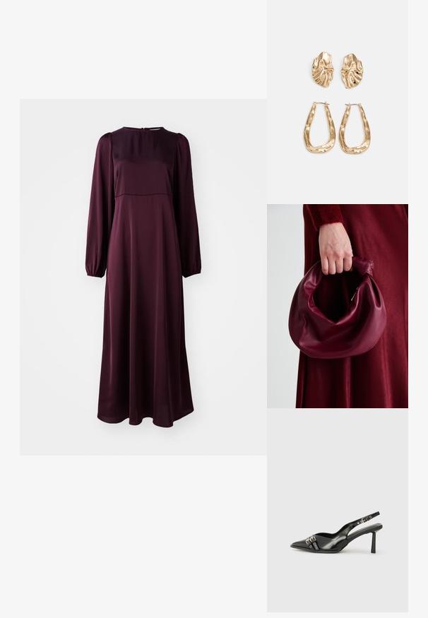 Μακρυμάνικο, μάξι φόρεμα από βαθύ μπορντό ύφασμα. Λείο υλικό, στρογγυλή λαιμόκοψη, σορτσάκια με ρέλια και κλείσιμο με φερμουάρ στην πλάτη.; Μαύρο παπούτσι slingback από πατέντο δέρμα με μυτερή μύτη, λουράκια στον αστράγαλο που διαθέτουν ασημένιες αγκράφες και μεταλλικά στοιχεία, και λεπτό τακούνι.; Μαρέν δερμάτινη τσάντα χειρός με μαλακό, συγκεντρωμένο σχέδιο και στρογγυλό σχήμα. Η λαβή είναι ασφαλισμένη, παρουσιάζοντας μια λεία υφή.; Χρυσά σκουλαρίκια με υφή, κυματιστά σχήματα. Περιλαμβάνουν γλυπτικά κλιπ-σε σκουλαρίκια και σχέδιο ανοιχτού σκουλαρικιού με σφυρήλατη επιφάνεια.