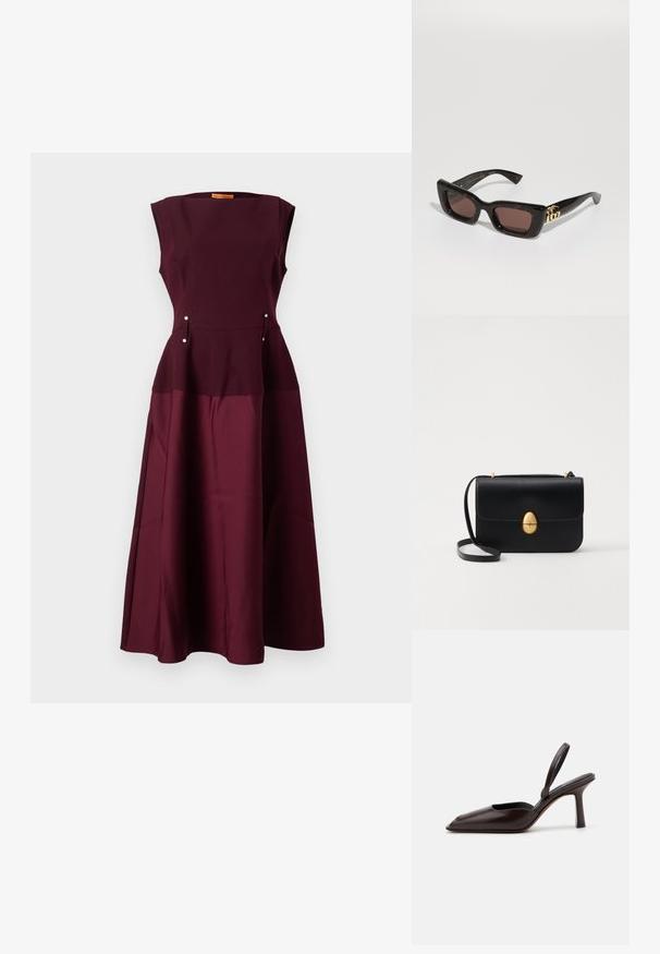 Stine Goya SLEEVELESS BOAT NECK MIDI DRESS - Kokteiļkleita/ballīšu kleita - aubergine; Brūna lakota ādas siksniņpumpe ar norādītu pirkstu un šauru, augstu papēdi. Iezīmējas ar elegantu dizainu un gludu virsmas tekstūru.; Melna bruņurupuču stila sauļošanās brilles ar taisnstūra lēcām, brūnu toņu, biezām rāmēm un zelta dubulto-G logo detaļu uz tempļa.; Melnas ādas rokassomu ar strukturētu taisnstūra formu. Iespējas zelta ovāla slēdzis un plāns plecu siksna. Gluda tekstūra.