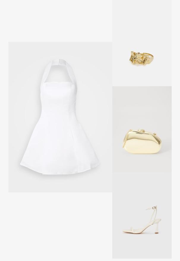 Jarlo LULU - Koktel haljina / svečana haljina - ivory; Bijela sandala na petu s tankim trakama, kvadratnim vrhom i šiljastim potpeticom. Izrađena od glatkog materijala u minimalističkom estetskom stilu.; Metalni zlatni clutch s glatkim, zaobljenim oblikom, s gornjim kopčom na dugme i malim lancem za nošenje.; Zlatni prsten s teksturiranim, valovitim dizajnom koji ima tri istaknuta vrha. Glatka, sjajna površina s otvorenom trakom za podešavanje veličine.
