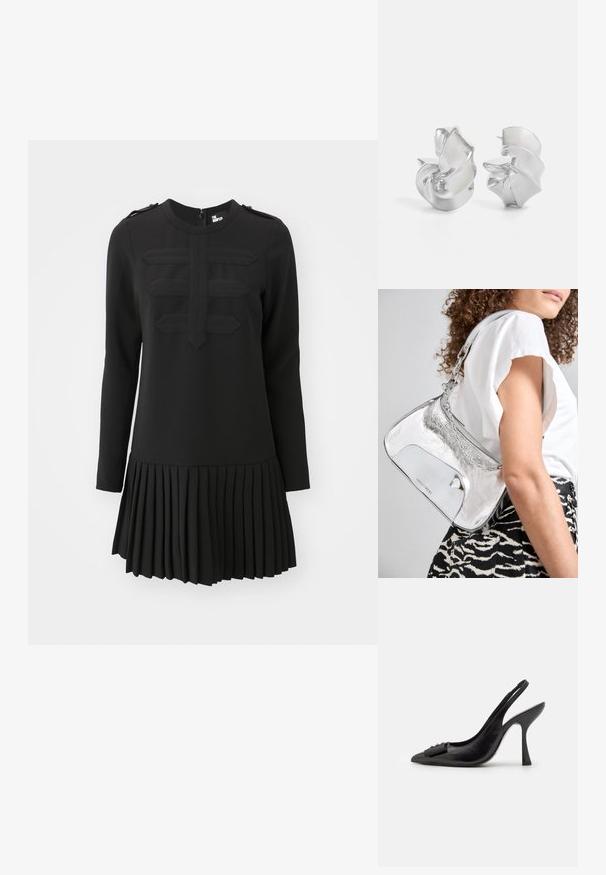 Musta mekko pitkillä hihoilla, laskostettu hame ja teksturoitu etupaneeli. Ominaisuuksiin kuuluu pyöreä kaula-aukko ja nappikoristeet hartioilla.; Musta nahka slingback-kengät, joissa on terävä kärki, kapea korko ja koristeellinen rusetti. Sileä pinta ja tyylikäs muotoilu.; Hopeinen metallinen olkalaukku, jossa on sileä pinta, kaareva muotoilu, ketjuolkaimet ja kiiltävä etupaneeli, jossa on hienovarainen logon kaiverrus.; Hopeakorvakorut, joissa on virtaava, spiraalimainen muotoilu. Sileä pinta, jossa on kiiltävä viimeistely. Ominaisuuksina hienovarainen kiilto ja ei näkyviä koristeita.