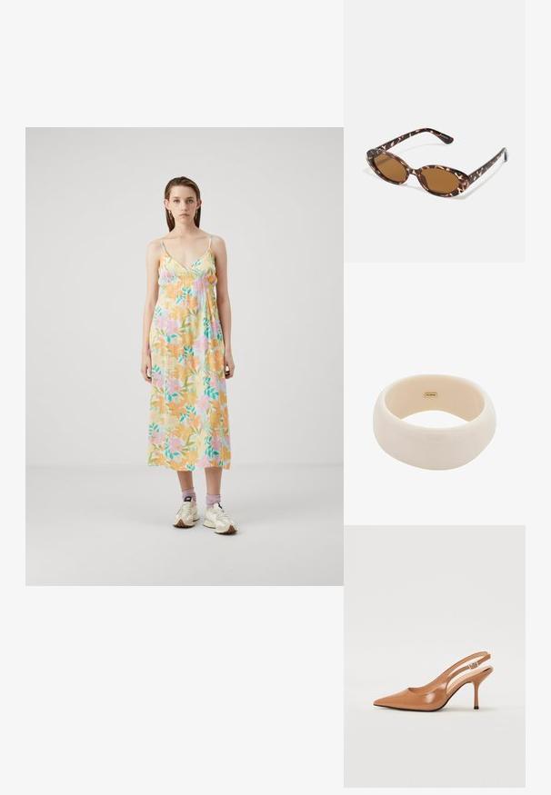 Lilledega maksikleit pehmest, kerge kangast. Omab pastelltoone, reguleeritavaid õlapaelu ning lahtist lõikega kogutud rinnadetailidega.; Küüntega slingback konts, mis on valmistatud siledast ja läikivast tan värvi materjalist. Omab kaarjat lõigatud disaini ja õhukest stiletto kontsa. Hõbedane pandla detail.; Kilpkonnakilbi stiilis prillid ovaalsete läätsedega, pruunide toonidega, õhukeste kätega, millel on tekstureeritud muster, kerge plastmassraam.; Läikiv beez käevõru, mis on valmistatud siledast vaigust. Ümar kuju, ühtlane pind ja väike kullast logo siseküljel.