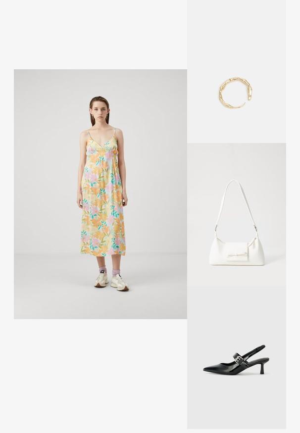 Kwiatowa sukienka maxi z miękkiego, lekkiego materiału. Posiada pastelowe kolory, regulowane ramiączka na krzyż oraz luźny krój z marszczonymi detalami w okolicy biustu.; Czarne lakierowane szpilki slingback z wąskim noskiem i małym słupkiem, z ozdobnym srebrnym klamrą na pasku.; Biała syntetyczna torba o trójkątnym kształcie, płaskim przednim klapce i detalach w postaci kokardy, regulowanym pasku, gładkiej fakturze oraz minimalistycznym designie.; Pierścionek w odcieniu złota z organicznym, skręconym wzorem, o gładkiej fakturze i zwężających się końcach, tworzący nowoczesny, rzeźbiarski wygląd.