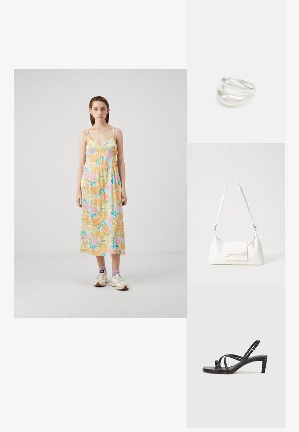 Kwiatowa sukienka maxi z miękkiego, lekkiego materiału. Posiada pastelowe kolory, regulowane ramiączka na krzyż oraz luźny krój z marszczonymi detalami w okolicy biustu.; Czarne sandały na obcasie z prostokątnym noskiem i niskim słupkowym obcasem. Posiadają wiele cienkich pasków i regulowany pasek na kostkę. Wykonane z gładkiej skóry.; Biała syntetyczna torba o trójkątnym kształcie, płaskim przednim klapce i detalach w postaci kokardy, regulowanym pasku, gładkiej fakturze oraz minimalistycznym designie.; Srebrna obrączka podwójna z gładką, polerowaną powierzchnią. Posiada płynny, zakrzywiony kształt z nakładającymi się sekcjami, co nadaje nowoczesny wygląd.