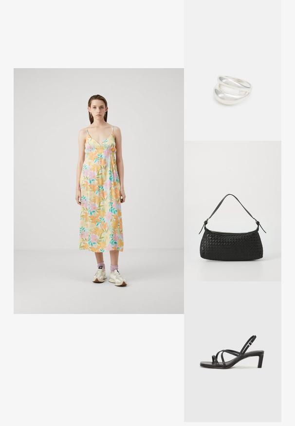 Kvetinové maxi šaty z jemného, ľahkého materiálu. Majú pastelové farby, nastaviteľné špagetové ramienka a voľný strih s naberaním na hrudi.; Čierne sandále na vysokom podpätku so štvorcovou špičkou a nízkym blokovým podpätkom. Obsahujú viacero tenkých popruhov a nastaviteľný členkový popruh. Vyrobené z hladkej kože.; Čierna tkaná taška cez plece s hladkým koženým remienkom a zipsovým uzáverom. Disponuje štruktúrovaným povrchom a zakriveným tvarom.; Strieborný prsteň s dvojitým pásikom s hladkým, lesklým povrchom. Má plynulý, zakrivený dizajn s prekryvajúcimi sa časťami pre moderný vzhľad.