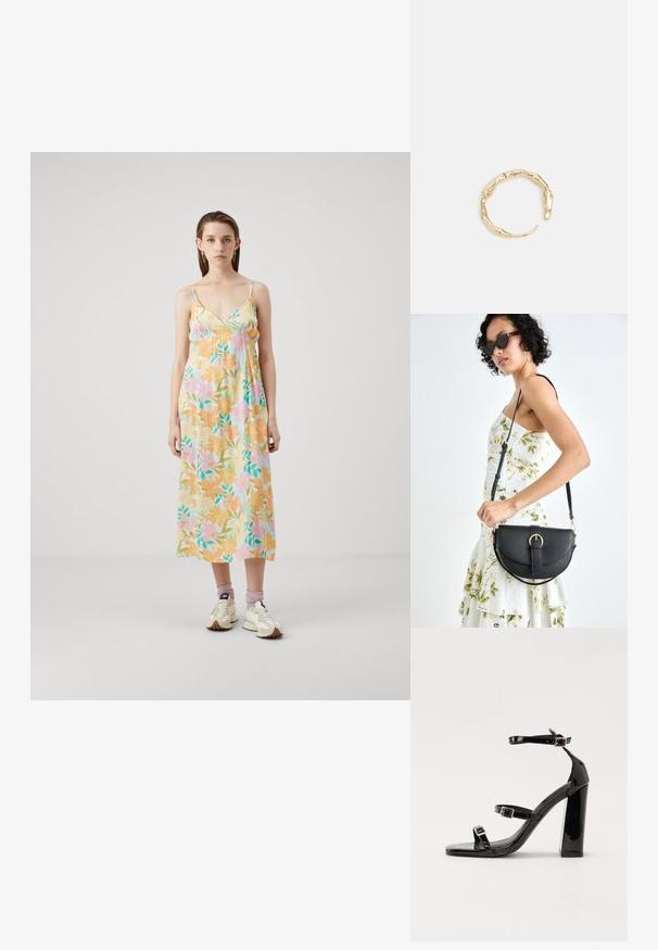 Cvjetna maxi haljina od mekog, laganog materijala. Ima pastelne boje, podesive bretelice i slobodan kroj s nabranim detaljima na prsima.; Crne lakirane sandale na pete sa kvadratnim nosom, trakama oko gležnja i srebrnim kopčama. Imaju čvrst blok petu za stabilnost.; Crna kožna torba s lukovitim oblikom, odvojivim remenom i zlatnim detaljima. Torba ima preklop s kopčom.; Prsten u zlatnoj nijansi s organskim, uvijenim dizajnom, glatkom teksturom i suženim krajevima, koji stvara moderan, skulpturalni izgled.