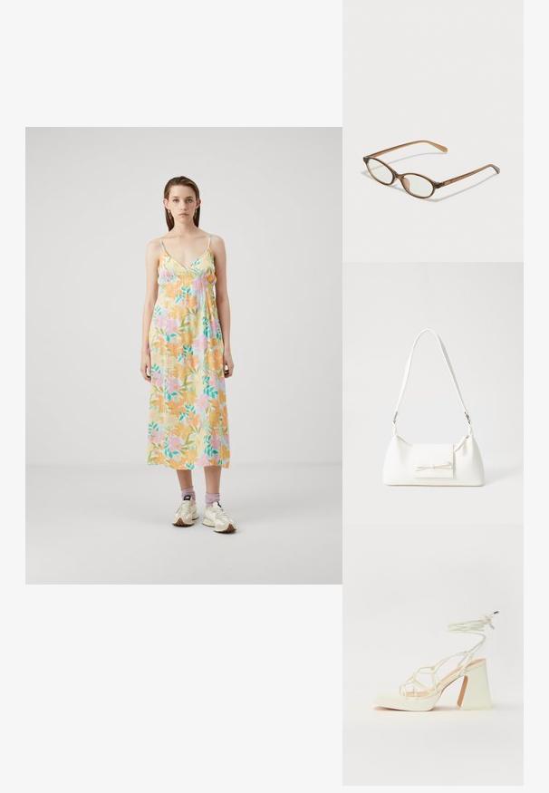 Blomster maxi kjole i blødt, letvægtsstof. Har pastelfarver, justerbare spaghetti skulderstropper og en løs pasform med sammensyning på brystet.; Hvide højhælede sandaler med en kraftig hæl, der har et stropdesign og ankelbinding. Glat tekstur med en platform foran for ekstra højde.; Brune skildpaddemønstrede briller med ovale linser, tynde arme og gennemsigtige accenter. Har et diskret logo på stangen. Slankt, let design.; Hvid syntetisk håndtaske med en trekantet form, flad forsideklap og sløjfedetalje, justerbar strop, glat tekstur og minimalistisk design.