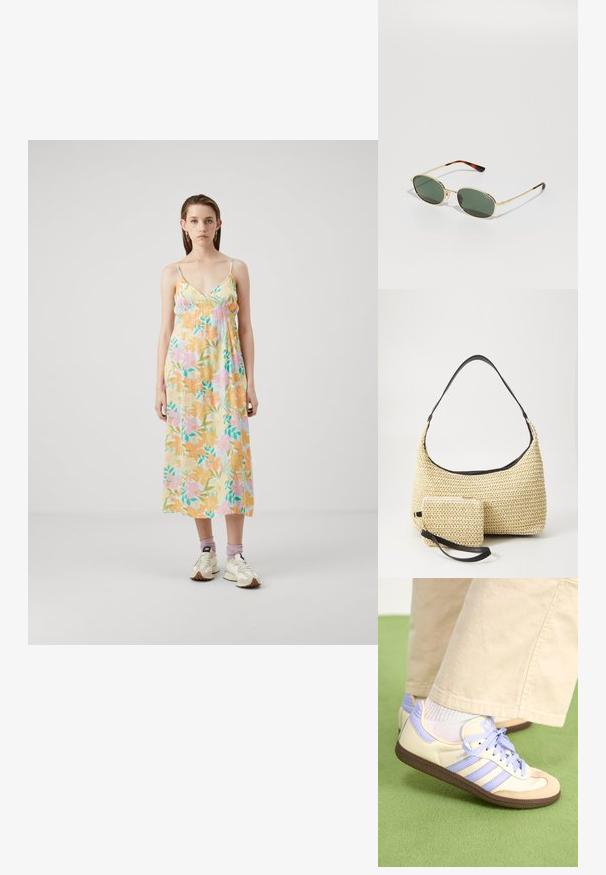 Blomster maxi kjole i blødt, letvægtsstof. Har pastelfarver, justerbare spaghetti skulderstropper og en løs pasform med sammensyning på brystet.; Creme og lavendel sneakers med tre striber og en tekstureret brun sål, der har snørebånd og en polstret hæl. Blødt stof øvre.; Aviatorsolbriller med mørkegrønne linser. Guldfarvet metalramme og brune skildpaddedetaljer på stængerne. Minimalistisk design.; Vævet stråhåndtaske med en buet silhuet, der har en glat sort læderrem og en matching lille pung, der er fastgjort med en håndledsrem.