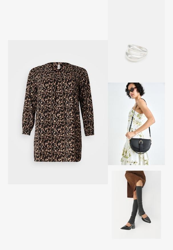 Melnā garo piedurkņu blūze ar daudzkrāsainu abstraktu rakstu, kas satur brūnus un krēmīgus akcentus, apaļu kakla izgriezumu un brīvu piegriezumu.; Melnas laka ādas apavi ar norādītu purngalu, blokveida papēdi un potīšu jostu, saskaņoti ar pelēkām ribotām kāju sildītājām un brūnu zamšādas svārku.; Melnas ādas rokassoma ar izliekta formu, noņemamu siksnu un zelta aksesuāriem. Somai ir vāciņš ar sprādzes detaļu.; Sudraba divu joslu gredzens ar gludu, pulētu virsmu. Iezīmējas ar plūstošu, izliekta dizaina struktūru ar pārklājošām sekcijām modernam izskatam.