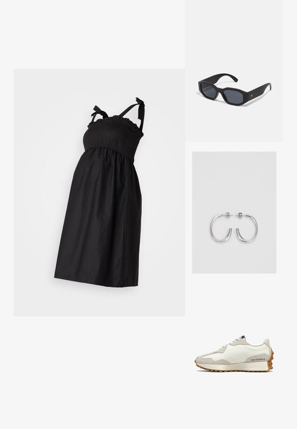 Juoda suknelė su reguliuojamais juostelėmis, surinkta liemenė ir laisva sijoninė dalis. Minkšta medžiaga su glotnia tekstūra ir paprasta dizainu.; Baltos ir smėlio spalvos sportbačiai su lygaus odos viršumi, zomšos akcentais, apvaliu nosimi ir tekstūruotu guminio pado dugnu. Prekės ženklas spausdintas šone.; Juodos akiniai nuo saulės su stačiakampiais rėmeliais, matinio paviršiaus, tamsiais objektyvais ir šiek tiek lenktomis rankenėlėmis. Diskretiška logotipo detalė ant vienos rankenėlės.; Sidabrinės auskarai žiedai su lygiu, blizgiu paviršiumi. Suapvalinta forma, lengvas dizainas, su uždarymu ant smeigtuko.