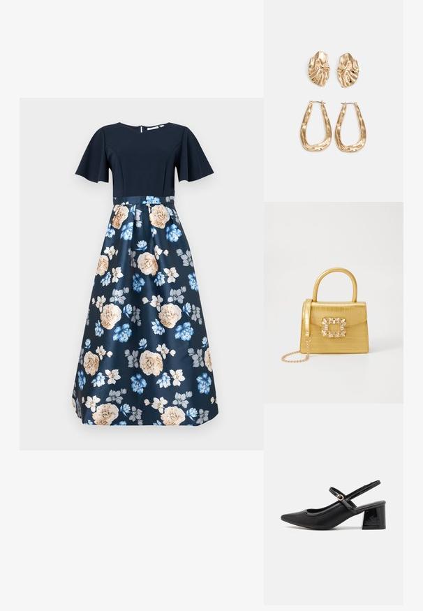 Rochie bleumarin cu mâneci scurte, evazate, un top ajustat și o fustă din satin cu model floral, având flori bej și albastre.; Cizme cu toc slingback din piele sintetică lacuită neagră, cu vârful ascuțit, un design cu decupaj rotunjit și toc bloc. Include un accent cu cataramă de culoare aurie.; Geantă galbenă din faux-crocodil cu un design structurat, mână superioară, curea detașabilă cu lanț și embellisment decorativ cu cristale pe închidere.; Cercei aurii cu forme texturate și ondulate. Include studs sculpturale cu clip și un design de cerc deschis cu un finisaj cioplit.