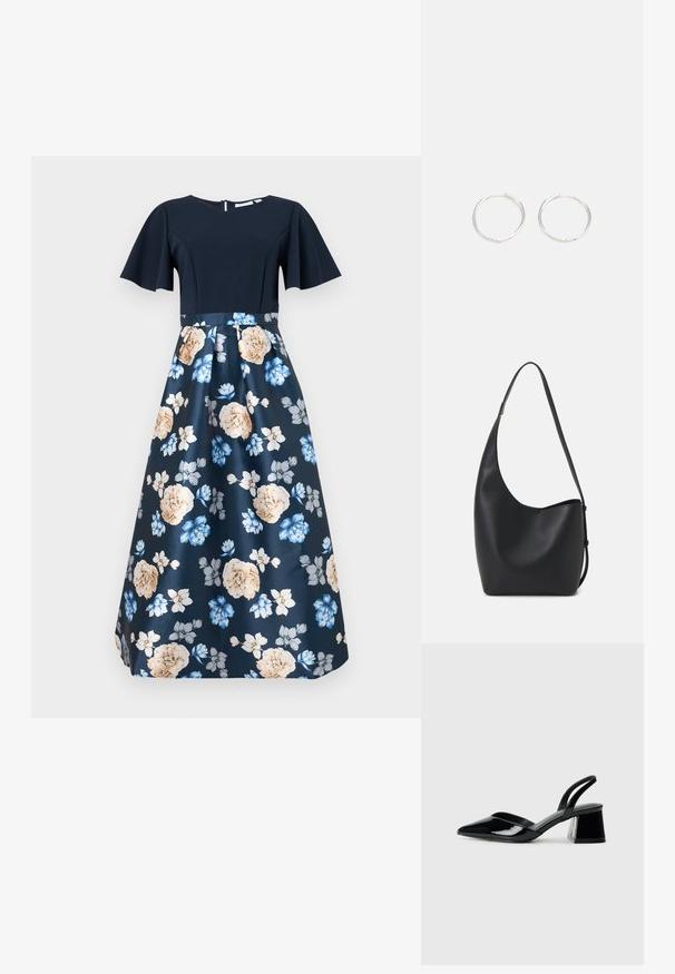 Sötétkék ruha rövid, bővülő ujjal, testhezálló felsőrésszel, és virágmintás selyem szoknyával, amely bézs és kék virágokat tartalmaz.; Fekete lakk bőr szandálkés magas sarkú cipő, hegyes orral és geometrikus tömbsarkakkal. Karcsú, minimalista dizájn és sima textúra jellemzi.; Fekete bőr hobo táska sima textúrával, ívelt formával és egyetlen állítható pánttal; széles nyílás található a tetején.; Ezüst karika fülbevalók, letisztult, kerek formával, sima felülettel és látható díszítés nélkül. A átmérő nem megadott.