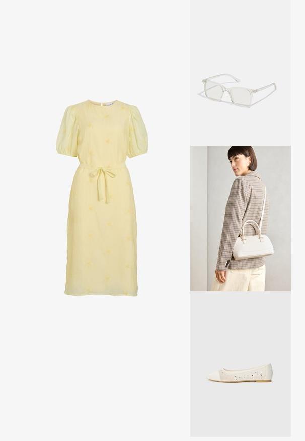 Gaiši dzeltena midi kleita ar pūkainām piedurknēm, apaļu kakla izgriezumu, auduma jostu piesietu ap vidu un smalku ziedu izšuvumu. ; Krēmsādas apavi ar pointēto pirkstu un caurspīdīgu augšdaļu, apkaisa ar izkaisītiem rhinestones. Mīksta zole ērta valkāšanai, minimālisma dizains.; Caursplūstošas kvadrātveida brillēs ar caurspīdīgiem lēcām, ar zelta akcentiem uz tempļiem, lai pievienotu detaļas.; Balta strukturēta roku soma ar īsām rokturiem un plecu siksnu, ar zelta aparatūras akcentiem un strukturētu materiālu, izstādīta uz pelēka fona.