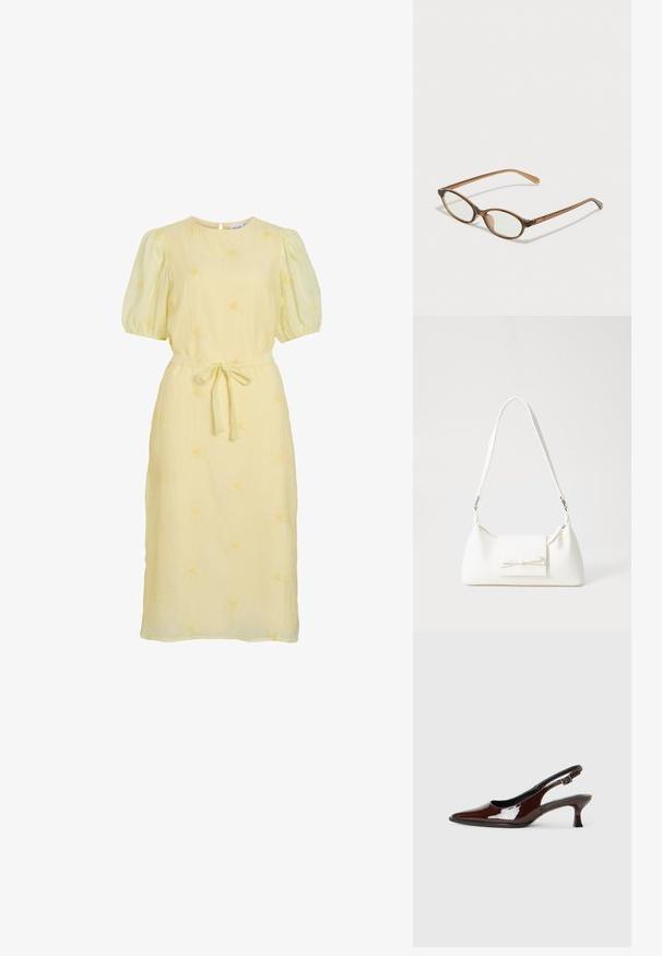 Rochie midi de culoare galben deschis, cu mâneci bufante, decolteu rotund, curea din material legată în talie și broderie florală subtilă pe tot parcursul.; Pantofii slingback din piele patent maro, cu vârful ascuțit și un toc moderat. Prezintă o curea cu prindere pentru o potrivire sigură. Textură netedă.; Ochelari în nuanță de țestoasă maro, cu lentile ovale, brațe subțiri și accente transparente. Prezintă un logo subtil pe tâmplă. Design elegant și ușor.; Geantă sintetică albă, cu formă triangulară, capac frontal plat și detaliu cu fundă, curea ajustabilă, textură netedă și design minimalist.