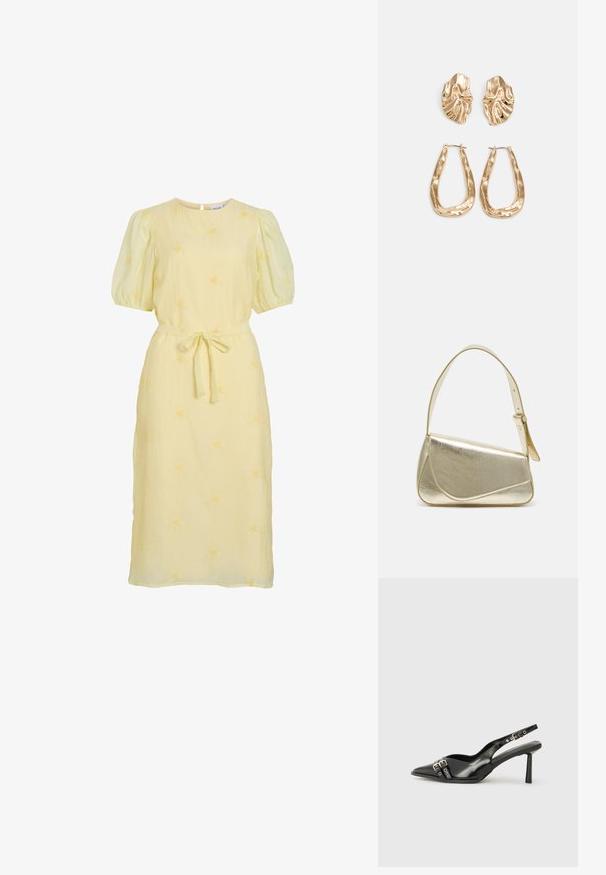 Svijetložuta midi haljina s napuhanim rukavima, okruglim izrezom, trakama od tkanine vezanim u struku i suptilnom cvjetnom vezom po cijeloj haljini.; Crna lakirana slingback cipela s izduženim vrhom, remenčićima oko gležnja s srebrnim kopčama i dijelovima, te vitkim potplatom.; Zlatna metalna torba s uređenim dizajnom, glatkom teksturom i podesivim remenom. Ima jedinstven trokutasti oblik i minimalističko šivanje.; Naušnice zlatne boje s teksturiranim, valovitim oblicima. Uključuju skulpturalne kopče i dizajn otvorene kružnice s kovanom završnom obradom.