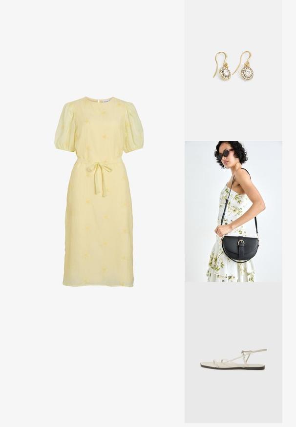 Hele kollane midi kleit, millel on puhvärvilised varrukad, ümmargune kaelus, kangast vöö, mis on talje ümber seotud ja peened lillemotiivid kogu kleidi ulatuses.; Bežid lame sandaal, millel on mitu peenikest rihma ja reguleeritav pandla. Tallal on lame pind, mille ääres on kerge tumedam kontrast.; Mustmust mustraha kõverate joontega, eemaldatava rihmaga ja kuldsete detailidega. Kotil on klapp, millel on pandladetail.; Kuldtooni kõrvarõngad ovalikujuliste selgete kristallidega, mille ümber on väiksemad selged kivid, ja kaarvormiga disain, et tagada kindel kandmine.