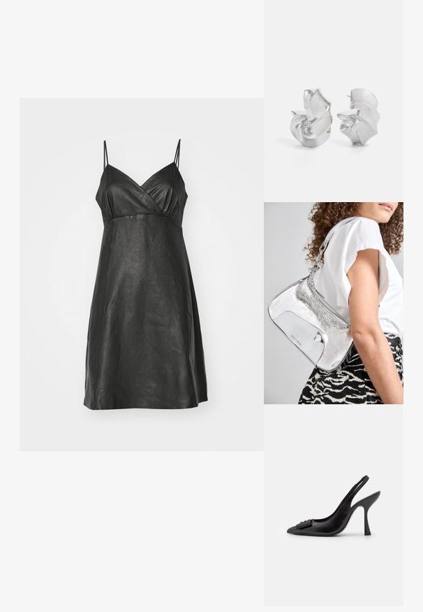 Fekete bőr ruha V-dekoltázzsal, vékony spagetti pántokkal és laza szabással, sima, texturált felülettel.; Fekete bőr pántos cipő hegyes orral, karcsú magas sarkával és dekoratív masnival. Simaság és elegáns dizájn.; Ezüst fémes válltáska sima felülettel, ívelt formával, lánchordóval, és egy fényes elülső panellel, amelyen finom logógravírozás található.; Ez egy ezüst fülbevaló, amely áramló, spirális formatervezéssel rendelkezik. Simább textúrájú, fényes felületű. Diszkrét fényt biztosít, és nincsenek látható díszítések.