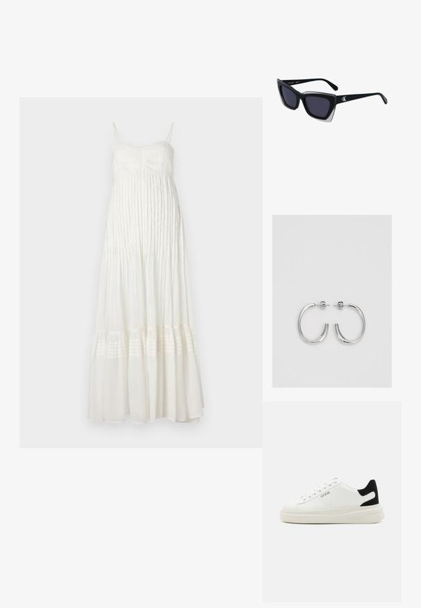 Bijela maks haljina s tankim naramenicama, teksturiranim smuđenim korzetom i blago nabrano suknjom koja ima horizontalne pruge na rubu. Lagana tkanina.; Bijele kožne tenisice s debelim bijelim potplatom, crnim zamšastim akcentom na peti i ugraviranim logom sa strane. Dizajn s vezicama i šest rupa za vezivanje.; Crne oversize sunčane naočale geometrijskog oblika, s tamnim staklima i kontrastnom sivom dekoracijom na okviru. Logo na dršci.; Srebro naušnice u obliku prstena s glatkom, sjajnom završnom obradom. Zaobljenog oblika, laganog dizajna, s kopčom na poleđini.