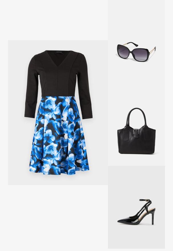 Sorte kjole med lange ermer og V-hals. Skjørtet har et blått blomstermønster på en mørk bakgrunn. Laget av glatt stoff, tettsittende liv.; Svart lakkert høye hæler med åpen bakside og spiss tå, justerbar ankelrem og åpne sider. Jevn tekstur.; Sorte oversized solbriller med gradient linser, tykke rammer og detaljering med gulltonekjede på tempelarmene.; Svart skinn toteveske med jevn tekstur, strukturert form, to håndtak og en fremtredende sølvspenne foran.