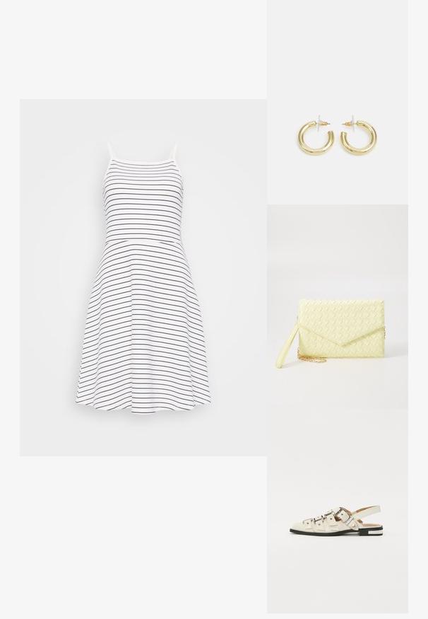 Rochie fără mâneci, în dungi, albă și bleumarin. Un corp fitted se transformă într-o fustă evazată. Fabricată dintr-un material moale și ușor.; Sandale slingback din piele albă cu multiple curele late și catarame argintii; talpă plată cu un mic toc negru și accente metalice.; Poșetă de mână țesută, de culoare galbenă, cu un design cu clapetă, curea detașabilă pentru încheietura mâinii și un accent din lanț auriu. Textură netedă și formă rectangulară.; Cercei cercuri din aur cu un finisaj neted și strălucitor. Design circular cu un mic suport și un spate transparent pentru o purtare sigură.