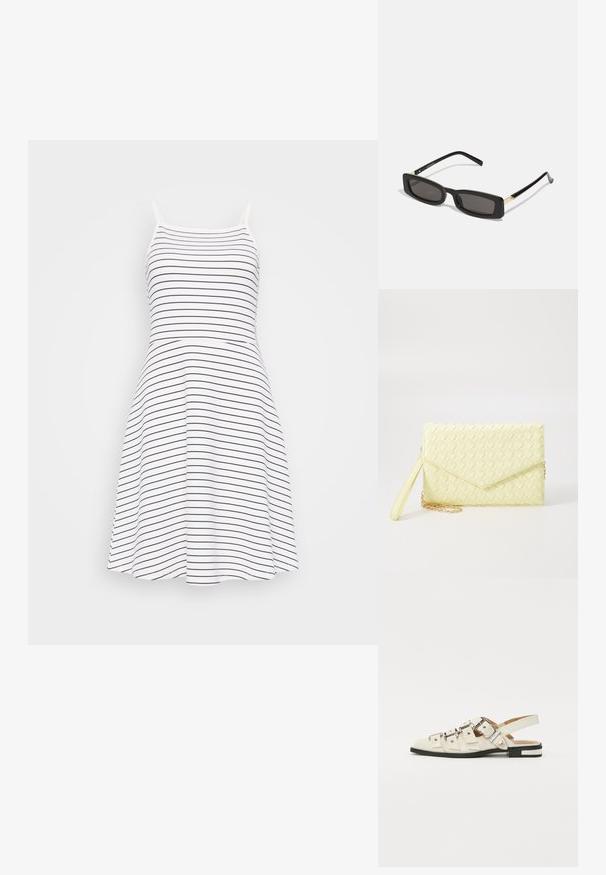 Prušasta brezrokavnik obleka v beli in mornarsko modri barvi. Prilagojen bodice prehaja v razširjeno krilo. Narejena iz mehkega, lahkega materiala.; Sandal v slogu z odprtim peto v beli usnjeni obvali z več širokimi trakovi in srebrnimi zaponkami; ravni podplat z majhno črno peto in kovinskimi detajli.; Črne pravokotne sončne očala s temnimi lečami, sijajnim plastičnim okvirjem in zlatimi poudarki na ušesnih delu. Minimalistična zasnova in eleganten oblik.; Rumena pletena torbica za ključe z zapiralom, odstranljivim zapestnim trakom in zlatim verižnim poudarkom. Gladka tekstura in pravokotna oblika.; Zlate uhane v obliki obročkov z gladko, sijočo površino. Krožna zasnova s majhnim nosilcem in prozornim podplatom za varno nošenje.