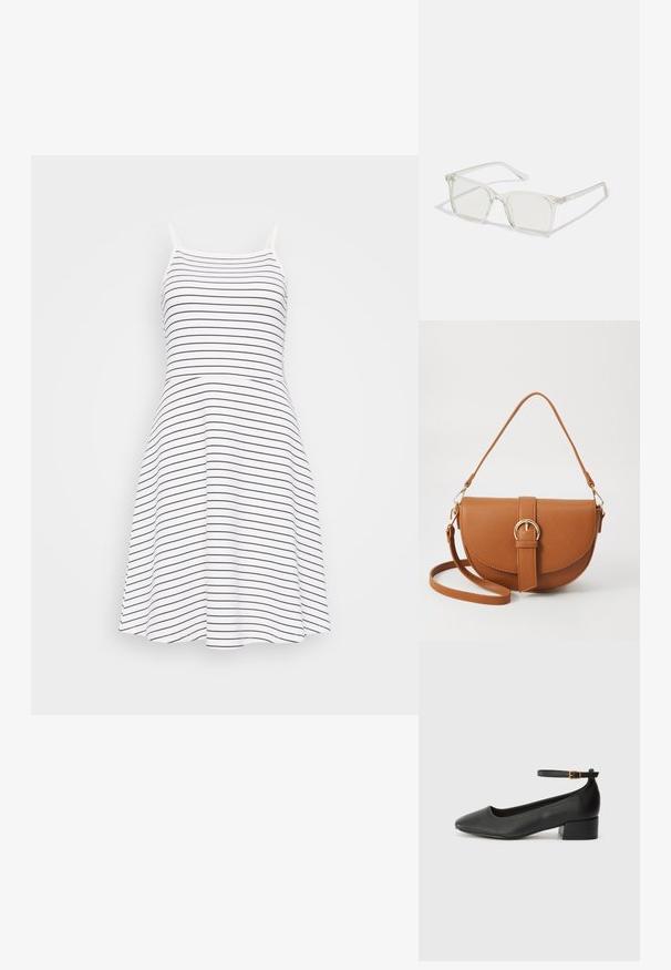 Stripet kjole uten ermer i hvit og marineblå. Et tettsittende liv som går over til en utsvingt skjørt. Laget av myk, lett stoff.; Sorte skinnpumper med spiss tå og lav blokkhelt. Har ankelrem med gullfarget spenne. Glatt tekstur.; Klare plastiske briller med kvadratisk innfatning og gjennomsiktige linser, med gullfiner på brillestengene for ekstra detalj.; Brun lærcrossbody-veske med en buet form, gullhardware og et spenneakcent. Har en avtakbar skulderreim.