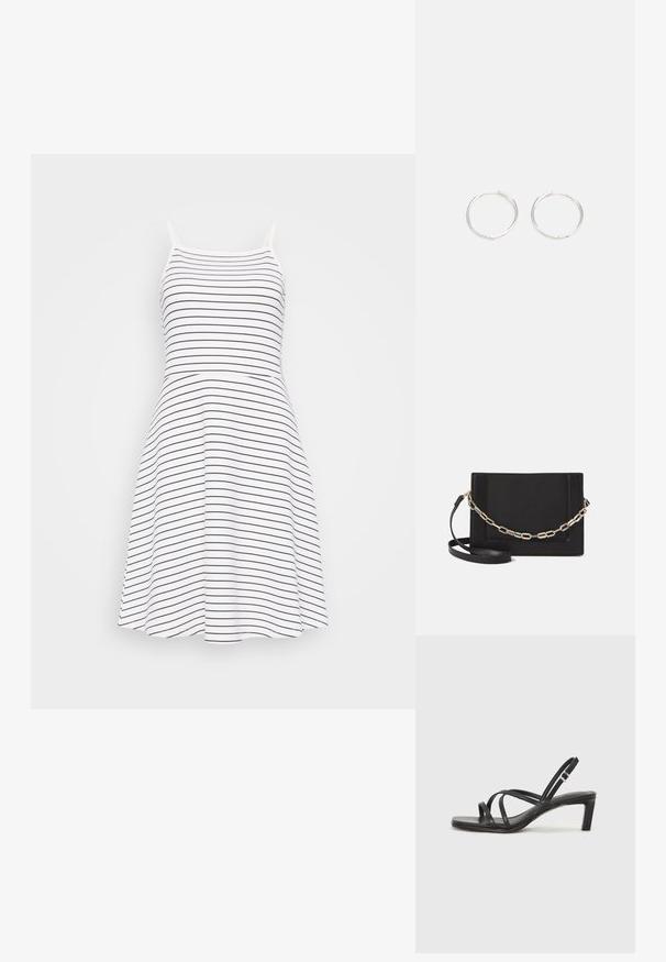 Valkoisesta ja laivastonsinisestä raidallisesta ilman hihoja olevasta mekosta. Tiukka yläosa siirtyy levenevään hameeseen. Valmistettu pehmeästä ja kevyestä kankaasta.; Mustat hihnalligat, joissa on neliön muotoinen kärki ja matala lohkokorko. Ominaisuuksiin kuuluu useita ohuita hihnoja ja säädettävä nilkkahihna. Valmistettu sileästä nahasta.; Musta nahkainen olkalaukku, jossa on sileä pinta, suorakulmainen muoto ja metalliketju yksityiskohtana edessä. Mukana säädettävä hihna.; Hopea rengas korvakorut, joissa on tyylikäs, pyöreä muotoilu, tasainen pinta ja ilman näkyviä koristeita. Halkaisija ei ole määritelty.