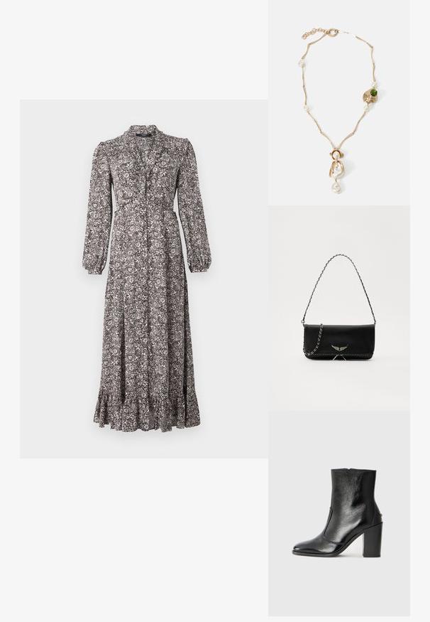 Abito lungo con bottoni realizzato in tessuto pattern in tonalità di marrone e bianco, caratterizzato da maniche lunghe e un orlo arricciato.; Stivale alla caviglia in pelle nera, con una superficie liscia, punta affilata e tacco alto e massiccio. Presenta una apertura laterale e un design minimalista.; Borsa a mano in pelle nera con una tracolla in catena argento, caratterizzata da decorazioni a forma di ali e cuciture bianche lungo la cucitura inferiore.; Collana dorata con maglie attorcigliate, perle bianche e un accento di pietra verde. Presenta dettagli intricati e una chiusura per l'aggancio.